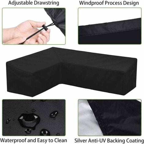 GABRIELLE Waterproof Garden Corner Sofa Cover, Protective Cover for L-Shaped Garden Furniture, Corner Cover, Patio Furniture, 210d, Anti-UV/Wind, with Storage Bag, Black, Left L 210 x 264 x 87 cm
