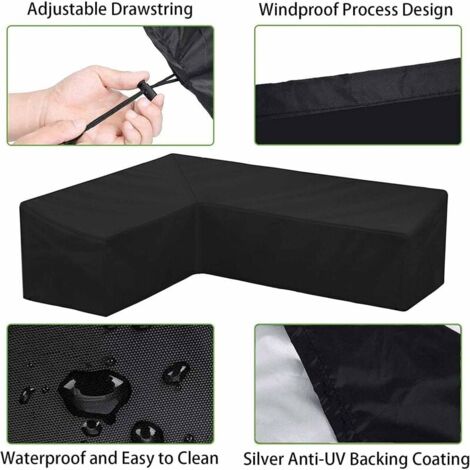 GABRIELLE Waterproof Garden Corner Sofa Cover, Protective Cover for L-Shaped Garden Furniture, Corner Cover, Patio Furniture, 210d Anti-UV/Wind, with Storage Bag, Black, Left L 222 x 286 x 78 cm