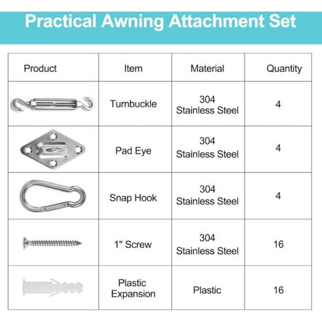 Garden Awning Fixing Kit, Triangle & Square, Rectangular, Heavy Duty Stainless Steel Shade Sail Fixing Accessories