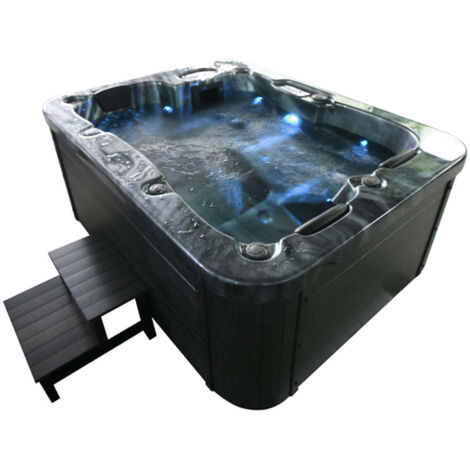 Home Deluxe - Bañera de hidromasaje exterior MARMOL NEGRO - Con peldaños y cubierta térmica  Equipamiento Con peldaños y cubierta térmica
