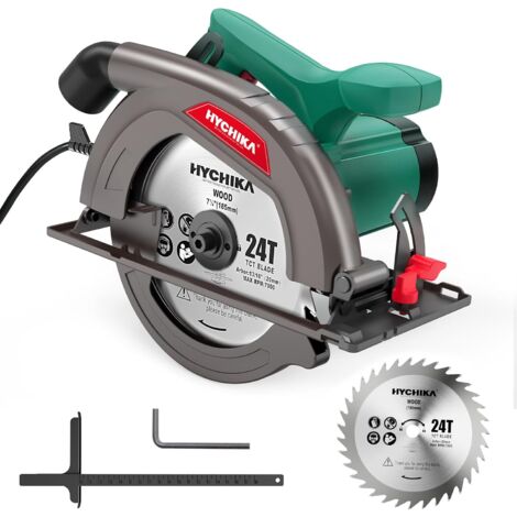 Circular Saw, 1300W HYCHIKA Electric Saw 4500RPM, High Power Motor, 24T Blade(185mm), Cutting Depth 65mm (90o), 45mm (45o), Safety Switch, Dust Extraction, for Wood/Plastic Cutting