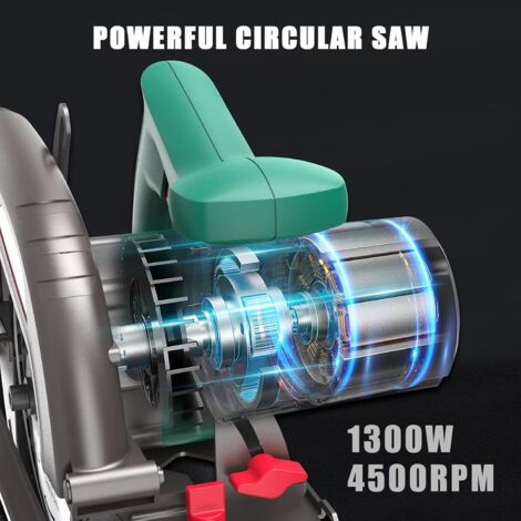 Circular Saw, 1300W HYCHIKA Electric Saw 4500RPM, High Power Motor, 24T Blade(185mm), Cutting Depth 65mm (90o), 45mm (45o), Safety Switch, Dust Extraction, for Wood/Plastic Cutting