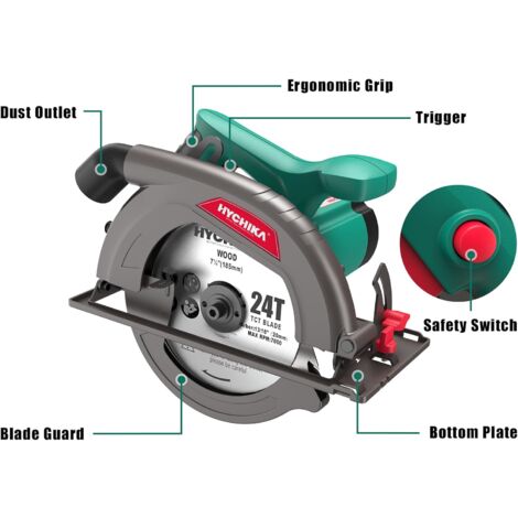 Circular Saw, 1300W HYCHIKA Electric Saw 4500RPM, High Power Motor, 24T Blade(185mm), Cutting Depth 65mm (90o), 45mm (45o), Safety Switch, Dust Extraction, for Wood/Plastic Cutting