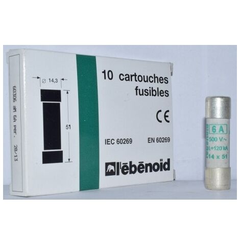 Fusible 6A cartouche 14X51mm aM usage industriel (boite de 10) HPC 120kA 500V avec percuteur EBENOID 060306 (1/2)
