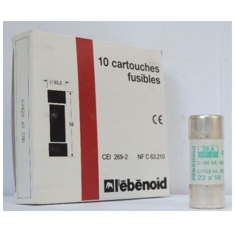Fusible 20A cartouche 22X58mm aM usage industriel (boite de 10) HPC 80kA 660V sans percuteur EBENOID 060420 (1/2)
