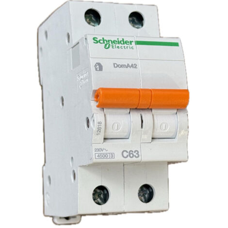 Schneider Electric – Disjoncteur unipolaire 63A 2P courbe C – Capacité de coupure 4,5 kA – Bornes décalées à vis – Tension 230V – Largeur 2 modules