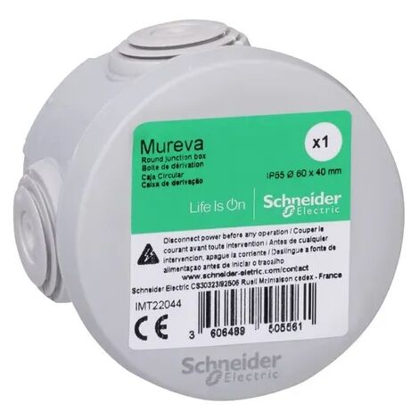 Boite de dérivation ronde Ø 60x40mm grise couvercle 4 entrées embouts étanche IP55 IK07 650° Mureva BOX