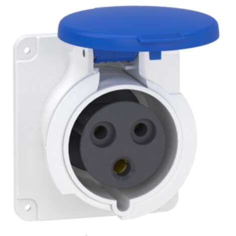 Prise socle 32A 2P+T clapet bleu 200-250V CA industrielle droite étanche IP44 PRATIKA