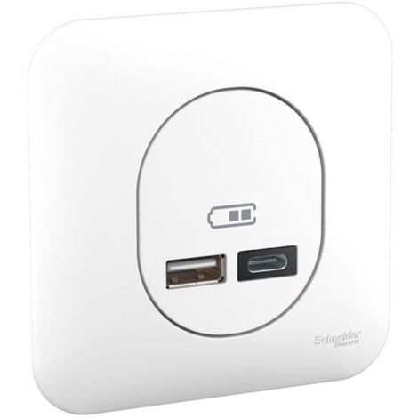 Schneider Electric – Prise USB double type A+C encastrée 5V – Plaque de finition incluse – Fixation par griffes – Compatible gamme Ovalis