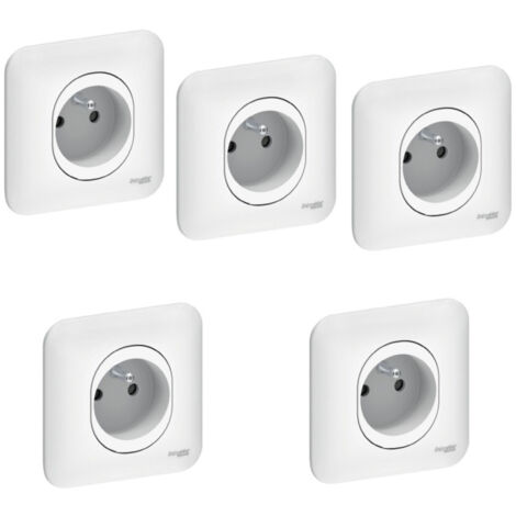 Schneider Electric – Pack de 5 prises 2P+T 16A encastré blanche – Connexion auto complète – Plaque de fixation avec vis et griffes – Pour installation électrique