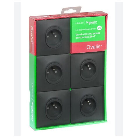 Pack de 5 prises 2P+T 16A encastré anthracite connexion auto complete avec plaque fixation vis OVALIS