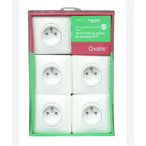 Pack de 5 prises 2P+T 16A encastré blanche complete avec plaque bornes auto fixation vis OVALIS