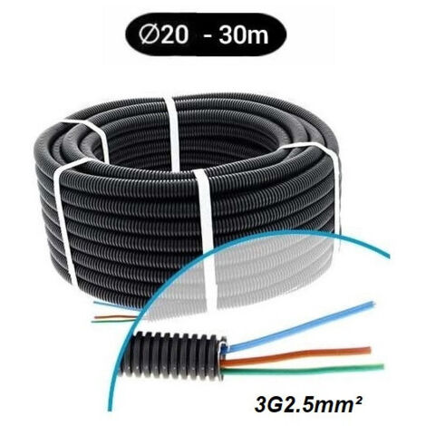 Gaine électrique préfilée 3G2.5mm² – 3 fils H07VU – Couleurs Rouge/Bleu/Vert-Jaune – ICTA gris Ø 20mm – Longueur 30m pour installation électrique – Qofil