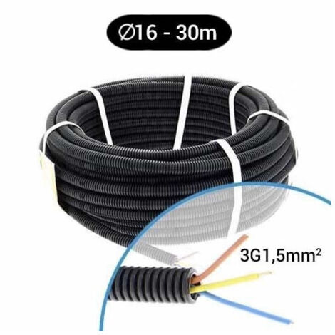 Gaine préfilée 3G1.5mm² fils H07VU Rouge/Bleu/Vert-Jaune ICTA grise Ø 16mm (Couronne de 30m) pour installation électrique
