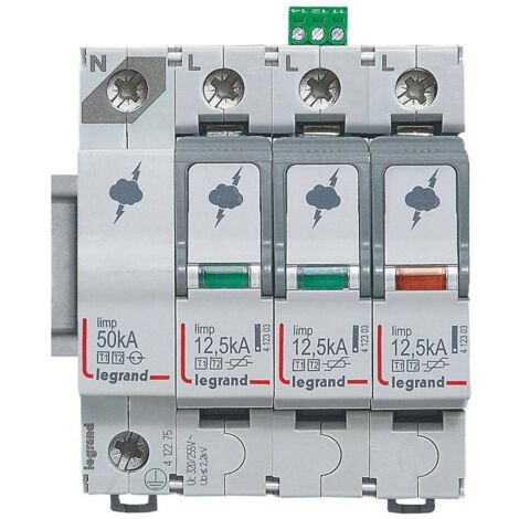 Parafoudre pour protection générale de tableau principal typeT1+typeT2 Iimp 12,5kA/pôle 3P+N 4 modules LEGRAND 412275 (1/3)