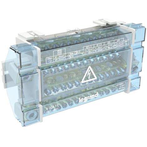 Legrand – Répartiteur pour tableau électrique tétrapolaire 160A – 14 départs – 10 modules – Montage sur rail DIN – Protection isolante transparente