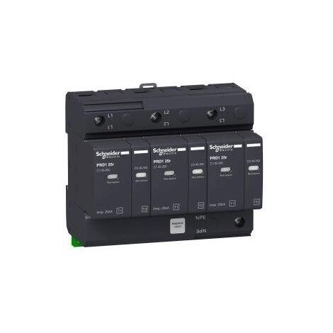 Parafoudre modulaire 3P 25kA à cartouche débrochable 350V avec report signalisation bornes vis PRD1 25r Acti9 SCHNEIDER 16331