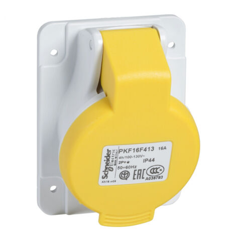 Prise socle industrielle 16A 2P+T inclinée clapet jaune 100/130V CA 50/60Hz IP44 IK08 850°C Pratika SCHNEIDER ELECTRIC PKF16F413 (1/4)