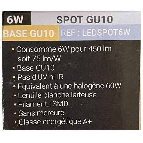Ampoule LED 6W spot GU10 blanc chaud 2700K 450lm 230V non-dimmable AIRIS LEDSPOT6W