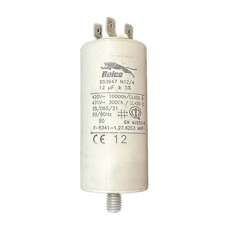 Condensateur cylindrique 12uF Ø 35x69mm – Tension 450V – Fréquence 50-60Hz – Connexion Faston 6.3x0.8mm – S53947 – Relco