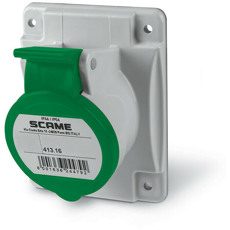 Prise à encastrer 3P+N+T 16A femelle clapet vert tension sup 50V AC 300-500Hz socle 70x87mm pour coffret 2h étanche IP44