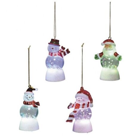 Lot de 4 figurines de noël LED RGB à suspendre H 80mm boule neige lumineux avec piles 4.5V BLACHERE JFA20S