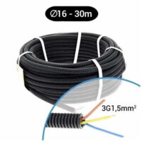 Gaine électrique préfilée 3G1.5mm² H07VU Rouge/Bleu/Vert-Jaune Ø 16mm – Couronne 30m pour installation électrique – Auto-extinguible – Qofil