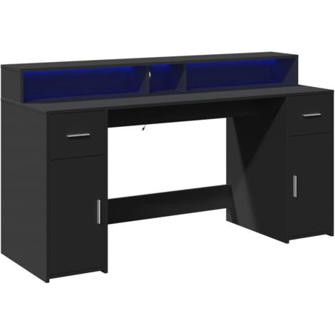 Mesa de escritorio puesto de trabajo mueble de ordenador estudio con luces LED 160 x 55 x 91 cm madera contrachapada negro 020023431 (1/5)