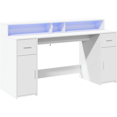 Mesa escritorio puesto de trabajo mueble ordenador estudio con luces LED 160 x 55 x 91 cm madera contrachapada blanco 020023408 (1/5)