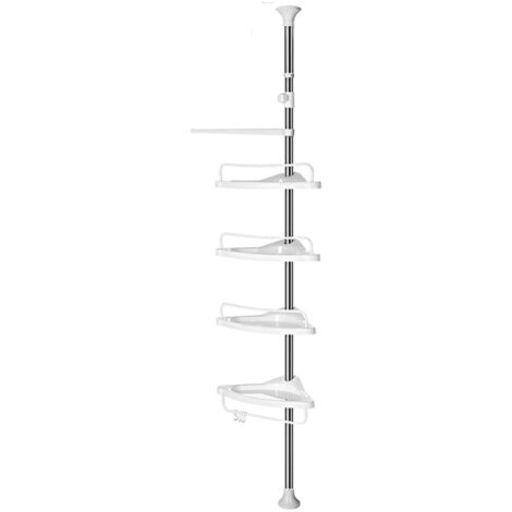 Estante de ducha telescópico estante esquinero para baño altura 95-300 cm desde el suelo hasta el techo poste de acero inoxidable 4 estantes 3 ganchos 1 toallero blanco y plateado 120002733 (1/4)
