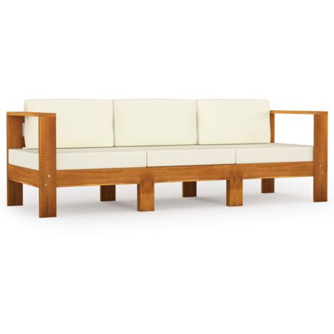Sofá de jardín 3 plazas mueble exterior y cojines blanco crema madera de acacia 020013232
