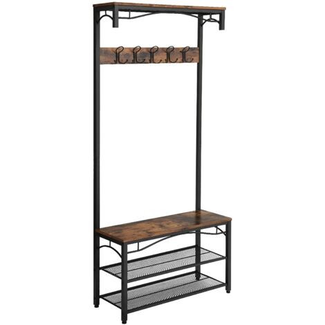 Mueble de entrada perchero con banco zapatero y ganchos industriales 120000892
