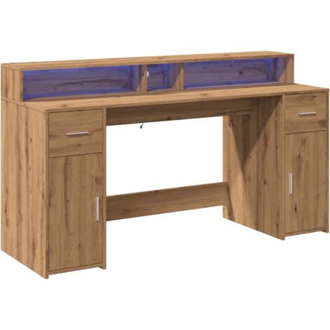 Mesa de escritorio Estación de trabajo Muebles para computadora Estudio de TI con luces LED Madera de ingeniería de roble hecha a mano Marrón 020023418 (1/5)