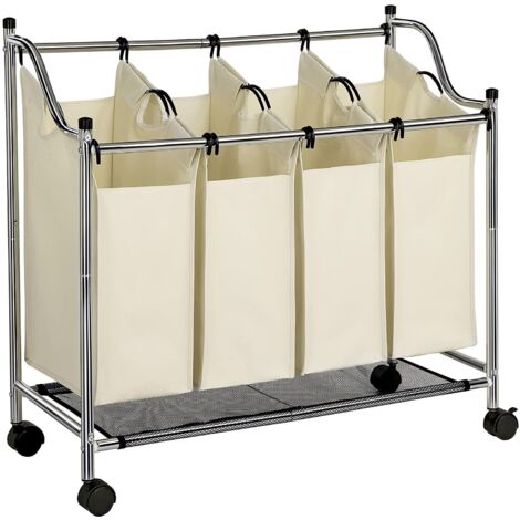 Cesto Para Ropa Sucia 120L Con 3 Compartimentos - Estructura De Bambú, Bolsas Extraíbles, Color Blanco