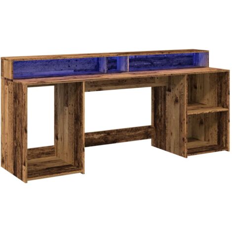 Mesa escritorio puesto de trabajo mueble ordenador estudio con luces LED madera antigua madera contrachapada marrón 020023437 (1/5)
