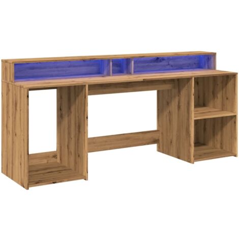 Mesa de escritorio Estación de trabajo Muebles para computadora Estudio de TI con luces LED Madera de ingeniería de roble hecha a mano Marrón 020023414