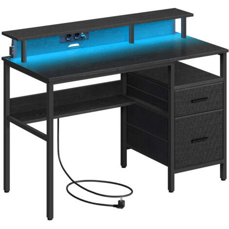 Escritorio para juegos con luces LED y regleta de enchufes escritorio para computadora con soporte para monitor mesa con almacenamiento 2 cajones 2 puertos USB para escritorio de madera negra 12000463
