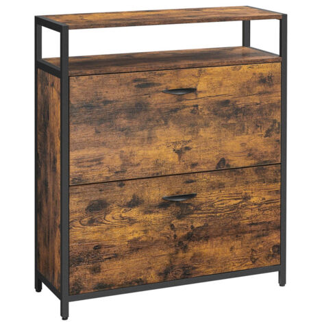 Zapatero con 2 puertas abatibles mueble de almacenaje con compartimentos abiertos y separadores regulables para entrada capacidad para 10-16 pares de zapatos 80 x 30 x 95 cm marrón rústico y negro 120