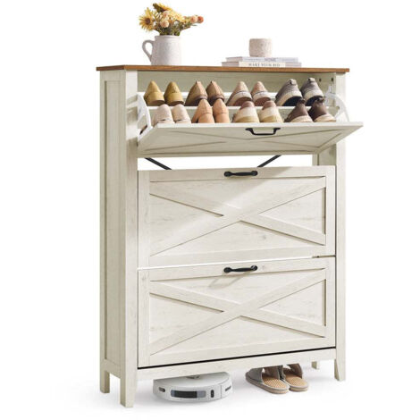 Zapatero con 3 puertas abatibles armario de almacenaje 24 x 87 x 1236 cm independiente estrecho para entrada estilo rústico capacidad de 18 a 24 pares blanco rústico 120007993
