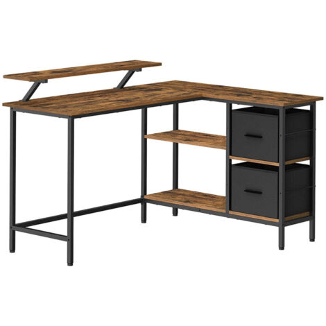 Escritorio en forma de L con 2 cajones espaciosos 105 x 135 x 895 cm escritorio para juegos con soporte para monitor escritorio de esquina escritorio de computadora con estante ajustable marrón 120004