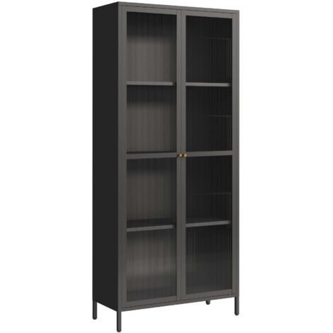 Estantería/armario de almacenaje 180 x 80 x 35 cm con frente de cristal acero y cristal negro 030008936