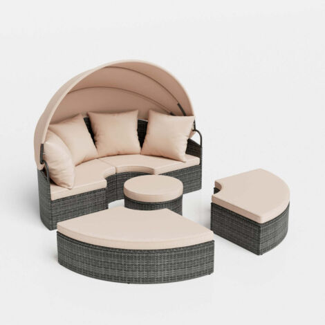 Tumbona redonda para exterior de 172 x 180 x 141 cm con dosel retráctil y asiento modular en ratán sintético gris mixto 200012384