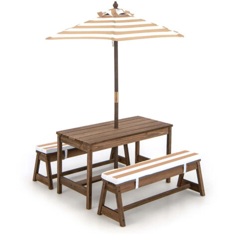 Mesa de jardín y 2 bancos 89x44x50 cm con sombrilla regulable ambiente acogedor madera de abeto color café 200019648