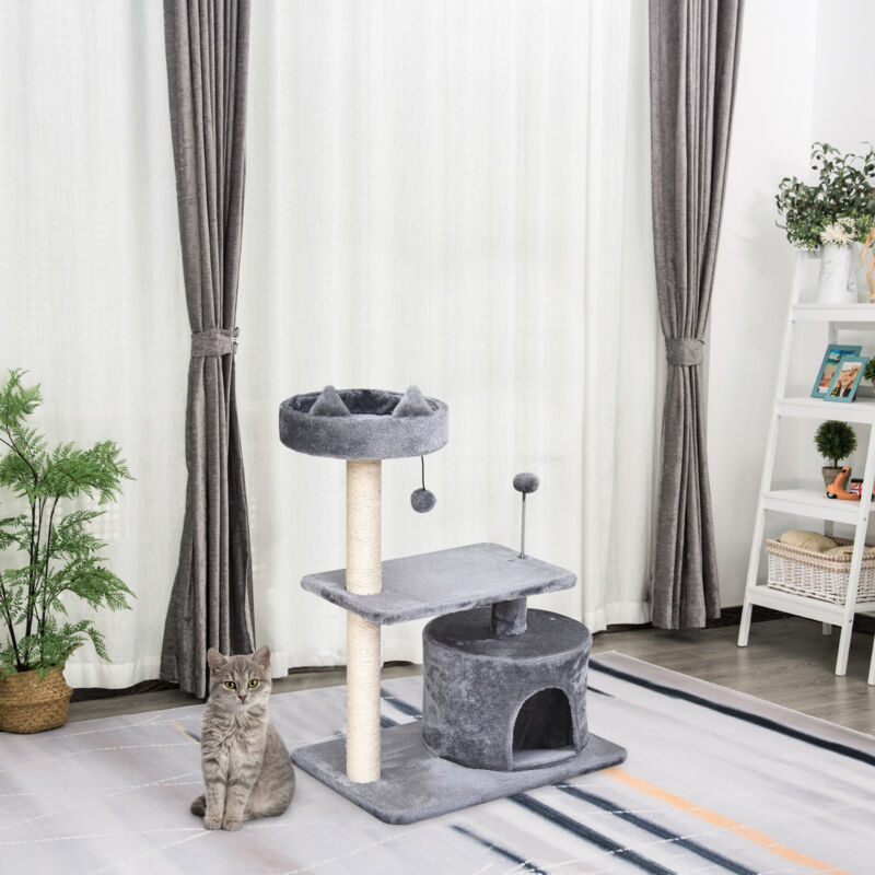 VidaXL Cat Tree Grey With Paw Prints - Medium Size Cat Condo With Hanging Toy