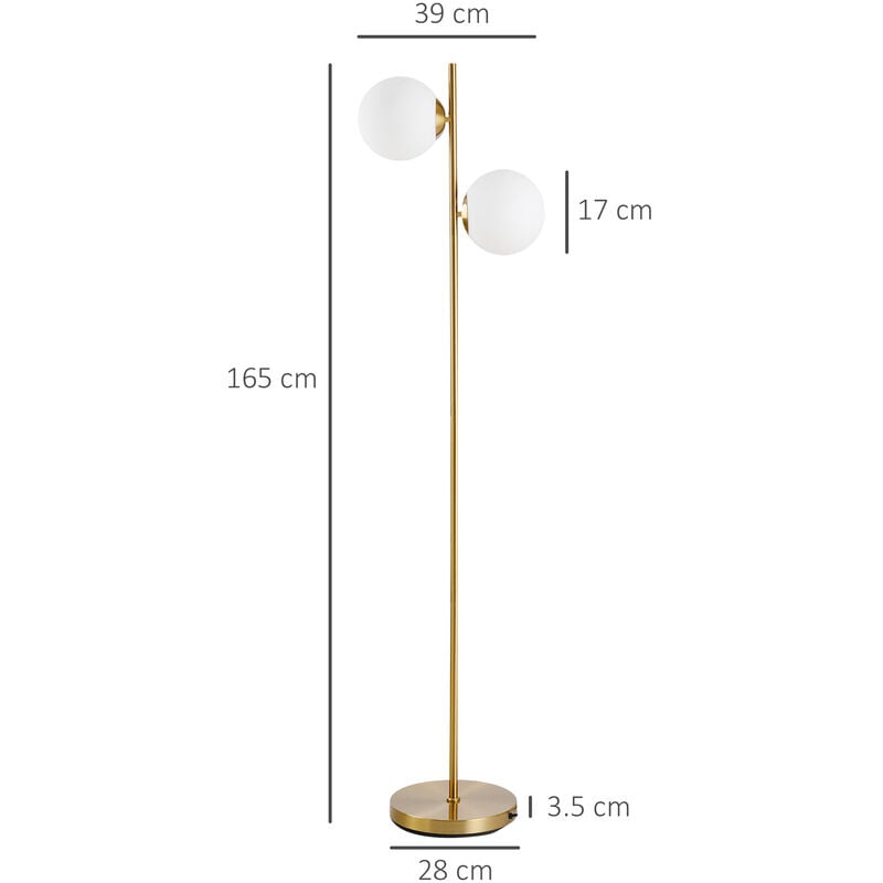 HOMCOM Modern Floor Lamp with 2 Globe Lamp Shade Contemporary Decorative LED Standing Light, Gold, Size: Small