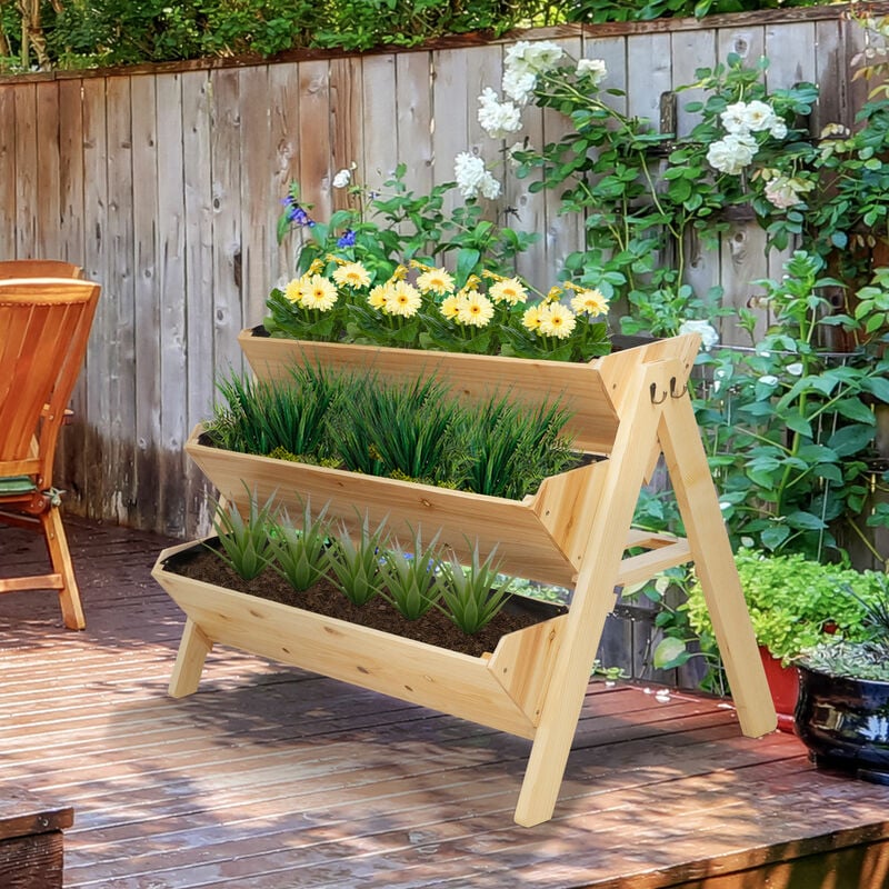 Trellis Back Storage Area Outsunny 3-Tiers Wooden Raised Garden Bed with Wheels Easy Movable for Flowers Natural Herbs 