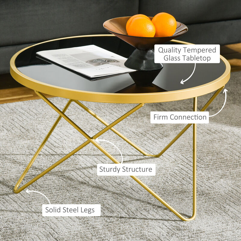 Homcom Balck and Gold 65x65x40cm Modren Tempered Glass Coffee Table w/ Hairpin Legs 