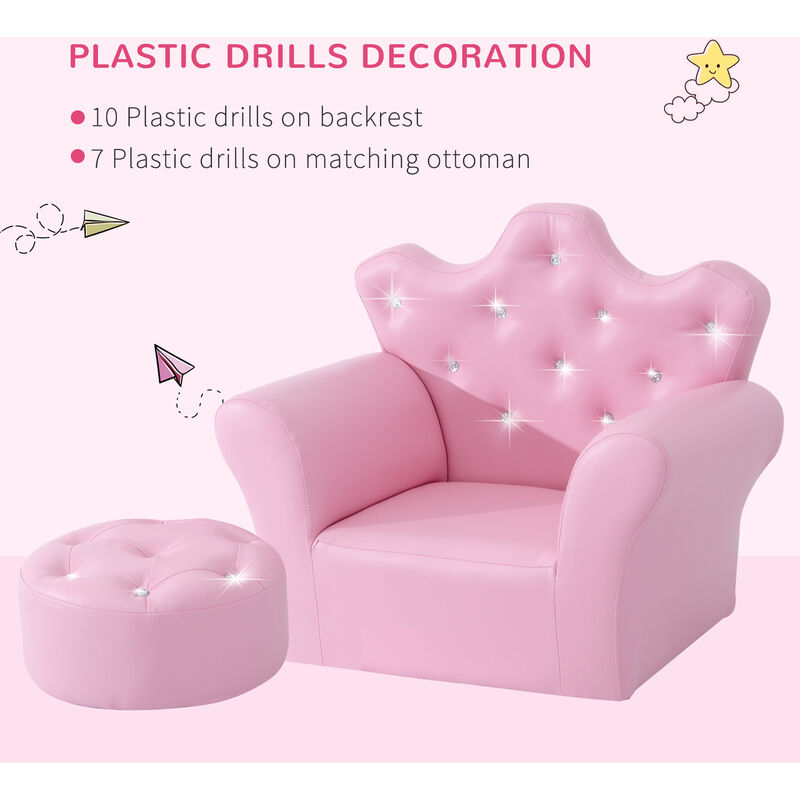 childs pink leather chair with footstool