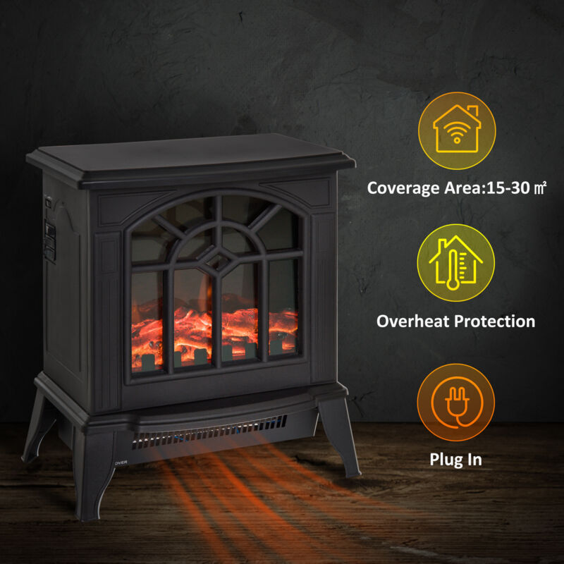 HOMCOM Freestanding Electric Fireplace Heater w/ LED Flame 1000W/2000W Black
