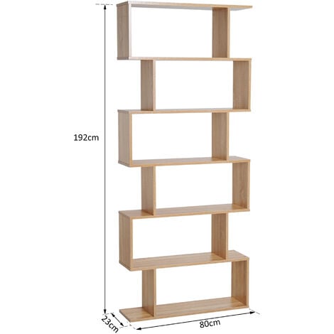 Homcom Wooden Wood S Shape Storage, Six Shelf Wooden Bookcase